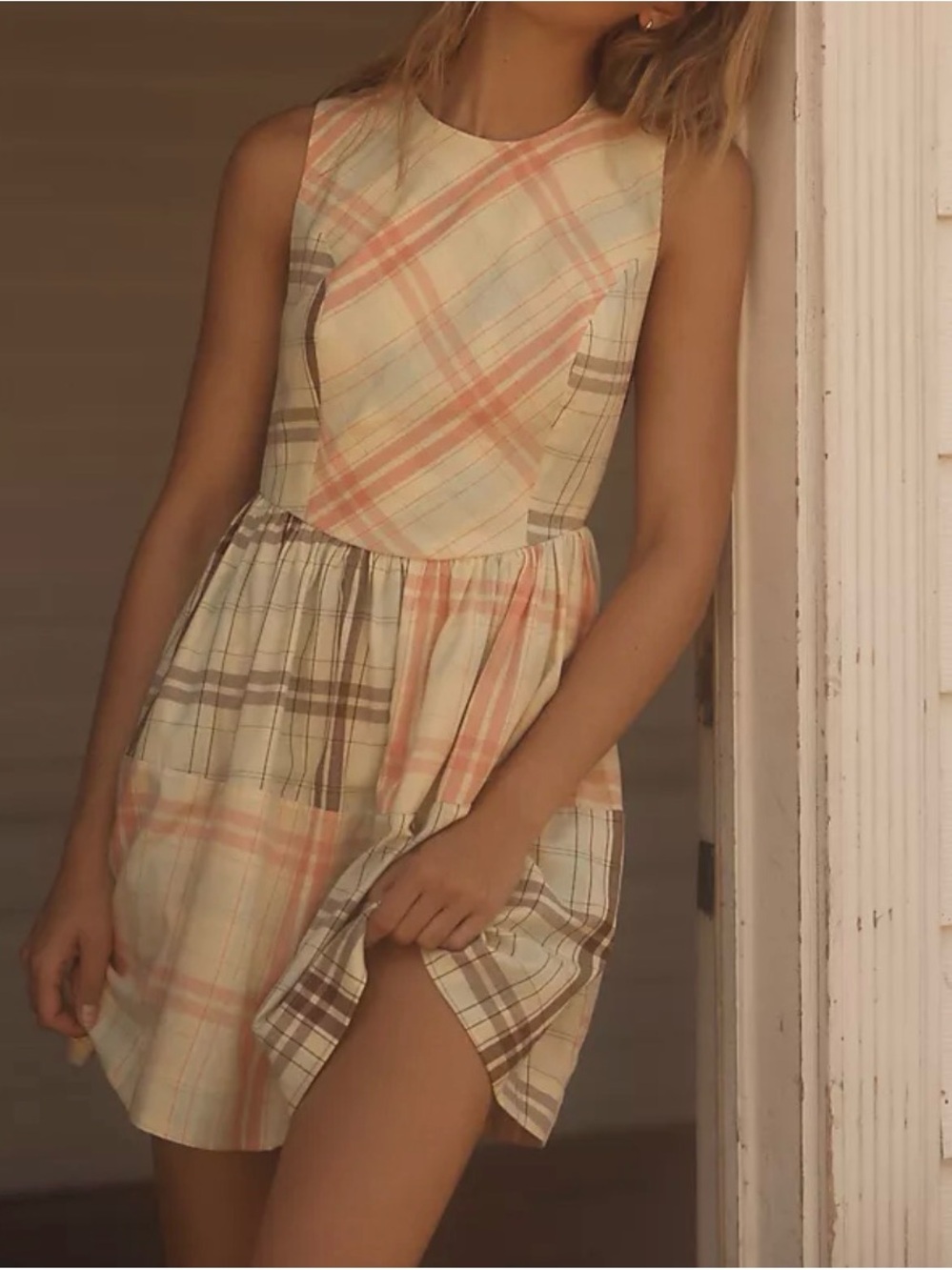 Anthropologie LyreBird Sleeveless Plaid Nap Open Back Mini Dress Pockets Size S